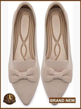 Pointed Toe Ballet Flats with Bow Breathable Knit Dressy Work Shoes